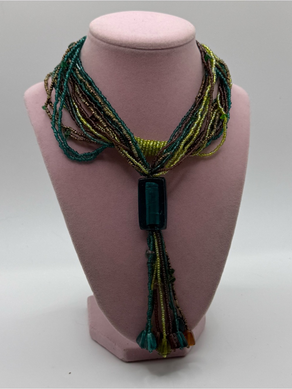 Multistrand Green Beaded Pendant Necklace with Tassel